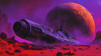 Wall Mural - spaceship on red planet with orange moon