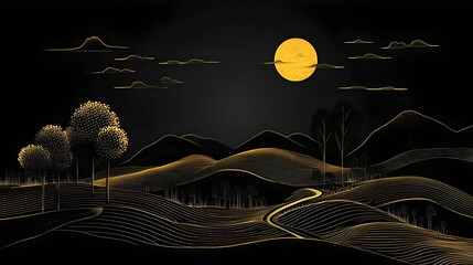 Sticker - Golden Line Art Landscape Illustration