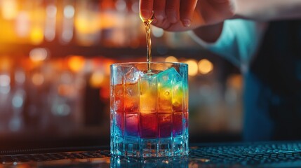 Aufkleber - A bartender delicately pours syrup into a clear cocktail glass, resulting in a visually captivating layered effect with bright, vibrant colors.