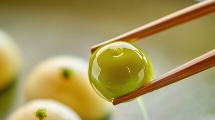 Poster - A beautiful close-up shot of wagashi with a liquid matcha cream filling, bursting open with a gentle touch from chopsticks, showcasing the art of Japanese sweets.