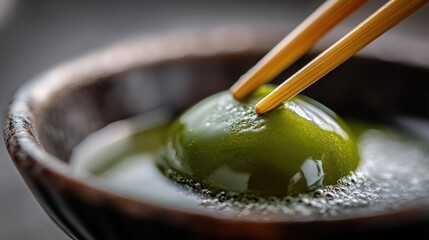 Poster - A beautiful close-up shot of wagashi with a liquid matcha cream filling, bursting open with a gentle touch from chopsticks, showcasing the art of Japanese sweets.