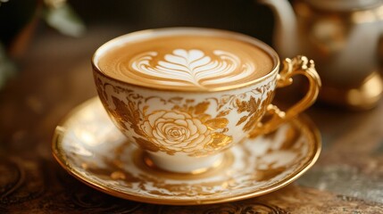 Poster - A beautifully crafted rosetta latte art with a golden shimmer, served in an intricate vintage porcelain cup with gold detailing, evoking elegance and artistry.