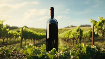 Poster - A beautifully designed wine bottle mockup set against the backdrop of a thriving vineyard, perfect for showcasing wine labels or promotional materials.