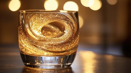 Poster - A beautifully lit glass vase containing a swirl of iridescent gold glitter, perfect for adding a touch of sparkle and elegance to any space.