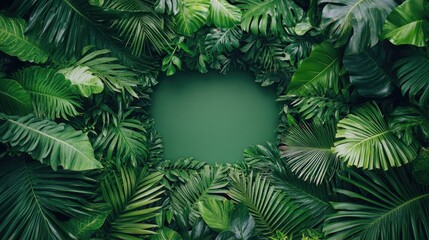 Poster - A blank rectangular space framed by lush, vibrant green tropical leaves, ideal for showcasing your product or branding in an eye-catching mockup design.