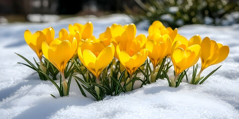 Sticker - Yellow Crocus Blooms in Snow Photo