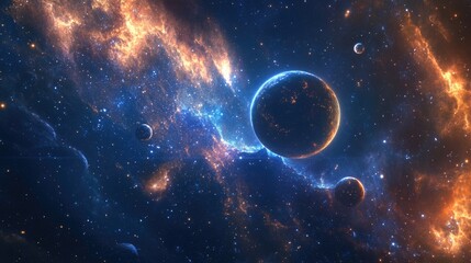 Poster - A breathtaking cosmic dance of planets, with vibrant textures and colors, floating against the deep blue nebula background in a stunning celestial display.