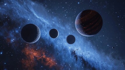 Poster - A breathtaking view of planets engaged in a cosmic ballet, each with its unique texture and color, set against the backdrop of a deep blue nebula in a vast galaxy.