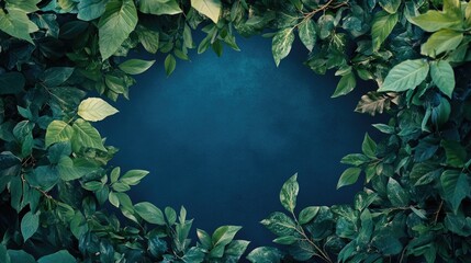 Poster - A captivating frame of intertwining green foliage surrounds a deep blue backdrop, drawing the viewer into an air of mystery and natural beauty.