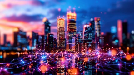 Poster - Dazzling Futuristic Cityscape with Glowing Skyscrapers Illuminated Network Connections and Vibrant Nighttime Skyline  Modern urban landscape with high rise buildings transportation infrastructure