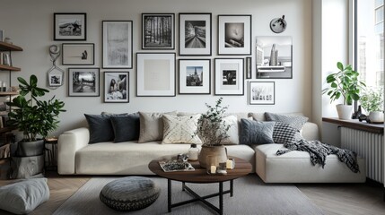 Poster - A chic living room with a gallery wall of diverse photo frames in varying sizes and orientations, showcasing a creative photo display setup.