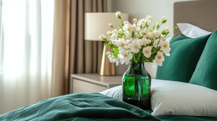 Poster - A chic bottle vase with fresh flowers sits atop a trendy nightstand, complementing the modern bedroom with emerald green bedding.
