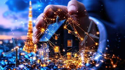 Poster - futuristic glowing electrical network and data connections in the universe representing advanced int