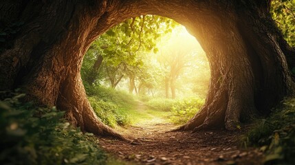 Poster - A circular opening in an ancient tree dense leaves leads into a shadowy unknown, inviting wonder and curiosity about what lies beyond.