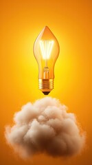 Poster - Glowing Incandescent Light Bulb Floating in Fluffy White Clouds Symbolizing Creativity Innovation and Intellectual Breakthrough  Conceptual Image Representing New Ingenuity