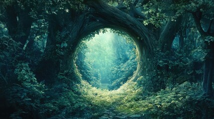 Poster - A circular opening in an ancient tree dense leaves leads into a shadowy unknown, inviting wonder and curiosity about what lies beyond.