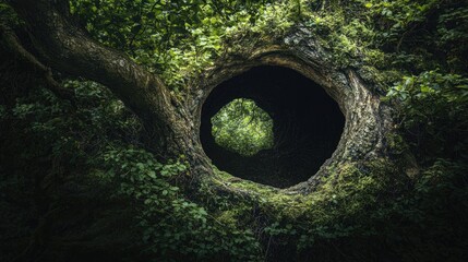 Poster - A circular opening in an ancient tree foliage reveals a dark interior, sparking curiosity and evoking a sense of mystery about the secrets within.