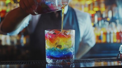 Poster - A close-up of a bartender pouring colorful syrup into a cocktail glass, producing a stunning, layered visual effect with vivid hues.