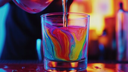 Poster - A close-up of a bartender pouring colorful syrup into a cocktail glass, producing a stunning, layered visual effect with vivid hues.