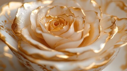 Poster - A close-up of a rosetta latte art with a golden shimmer, beautifully presented in a vintage porcelain cup with delicate gold accents, showcasing coffee artistry.