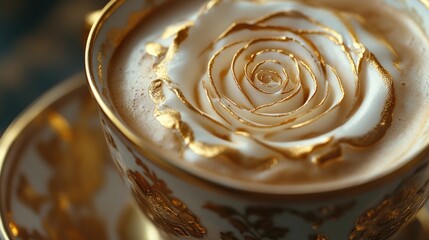 Poster - A close-up of a rosetta latte art with a golden shimmer, beautifully presented in a vintage porcelain cup with delicate gold accents, showcasing coffee artistry.