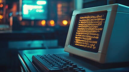 Poster - A close-up of a vintage computer with glowing programming code on the screen in a tech lab, highlighting the intricate details and retro technology from early computing days.