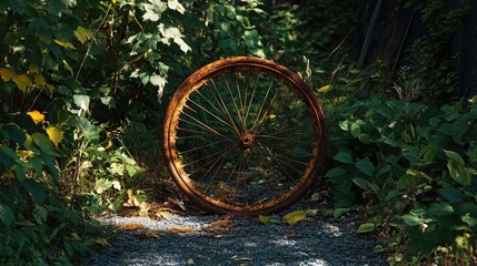 Aufkleber - A close-up shot of a rusty bicycle wheel resting on a gravel path, framed by lush nature and bathed in the warm glow of the late afternoon sun.
