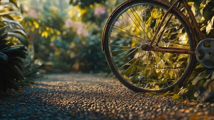 Aufkleber - A close-up shot of a rusty bicycle wheel resting on a gravel path, framed by lush nature and bathed in the warm glow of the late afternoon sun.