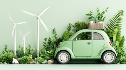 Poster - eco friendly electric compact car parked in a lush green landscape with wind turbines generating ren