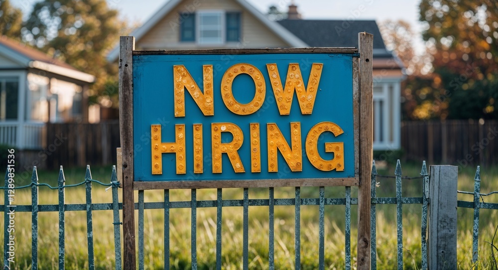 now hiring lettering on sign at fence with house background Stock ...