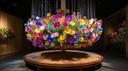 Poster - A colorful floral carousel resting on a wooden platform, with each flower displaying a different burst of color, creating a mesmerizing view.