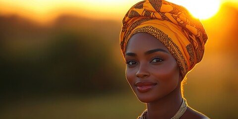 African American Woman in Traditional African Attire at Sunset