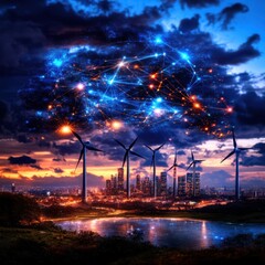 Poster - futuristic metropolitan skyline with advanced wind turbines glowing digital network connections and 