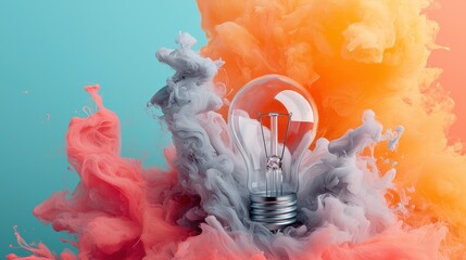 Poster - Vibrant smoke explosion around a glowing light bulb representing the concept of creativity innovation and breakthrough thinking