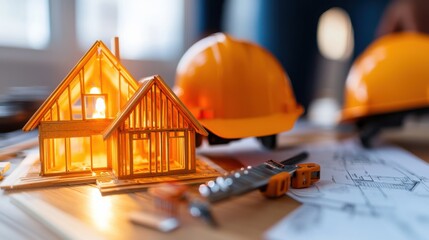 Poster - Architectural scale model of a house or building with construction tools and safety equipment representing the concept of design planning and development in the construction industry