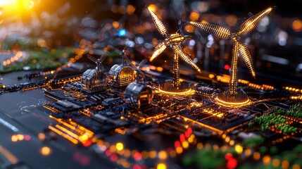 Poster - futuristic printed circuit board with intricate copper traces golden details and a vibrant abstract 