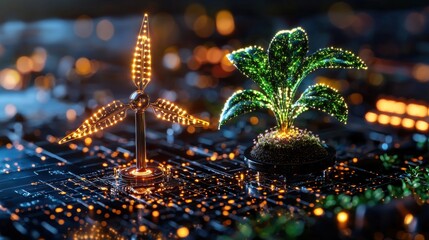 Poster - Glowing Green Abstract Futuristic Electronic Circuit Board Microchip Background  High tech digital computer motherboard with illuminated lights and energy efficient technology  Concept of innovation