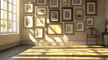 Poster - A creative mockup showing a photo frame gallery wall, with various frame styles and sizes arranged for an elegant display.