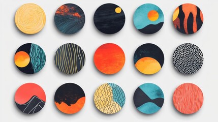 Poster - A creative set of round and square stickers, each with unique textures and vibrant colors, perfect for promotional marketing.