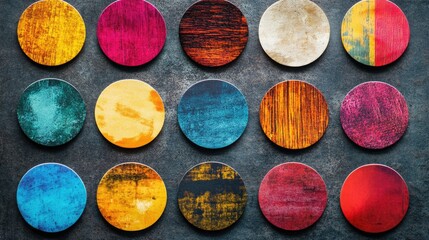 Poster - A creative set of round and square stickers, each with unique textures and vibrant colors, perfect for promotional marketing.