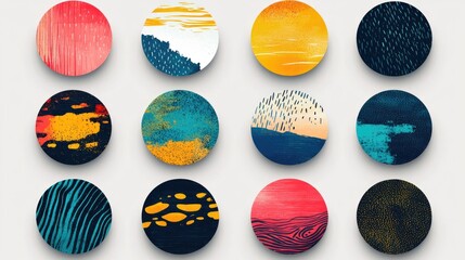 Poster - A creative set of round and square stickers, each with unique textures and vibrant colors, perfect for promotional marketing.