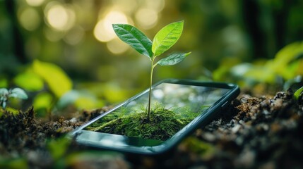 Poster - A creative shot of a smartphone surrounded by nature, with a plant sprouting directly from the screen, representing the connection between technology and the environment.