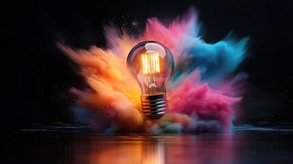 Poster - Glowing light bulb emitting a burst of colorful vibrant and radiant energy in an abstract design  The image represents the power technology and luminosity of illumination and creative