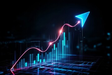 Poster - A mesmerizing and captivating double exposure image that beautifully showcases a glowing graph along with an upward arrow, which symbolizes significant growth and ongoing progress in a digital realm
