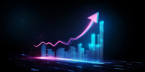 Poster - A striking double exposure image shows a glowing graph with an upward arrow, symbolizing growth and progress, while capturing a modern digital aesthetic of todays innovations in technology