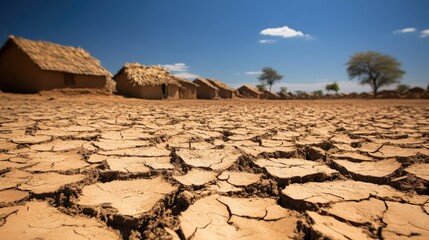 Poster - A drought-stricken village in Africa, with empty food supplies and barren land, illustrating the harsh realities of famine and the resilience of the community.