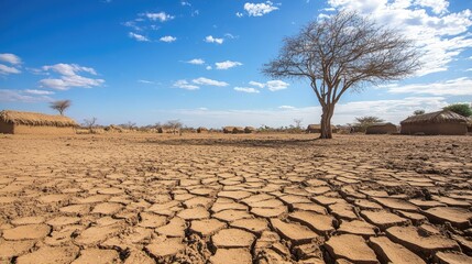 Poster - A drought-stricken village in Africa, with empty food supplies and barren land, illustrating the harsh realities of famine and the resilience of the community.