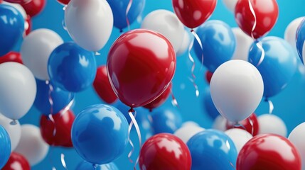 Poster - A dynamic cluster of red, white, and blue balloons, filling the frame against a bold blue backdrop, bringing a festive, celebratory energy to the scene.