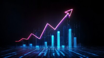 Poster - A captivating double exposure image shows a vibrant graph with an upward arrow, symbolizing growth and progress in a digital realm full of opportunities for innovation and advancement