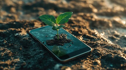 Poster - A dynamic shot of a smartphone lying on a natural surface, with a plant sprouting directly from its screen, symbolizing the fusion of technology and eco-consciousness.